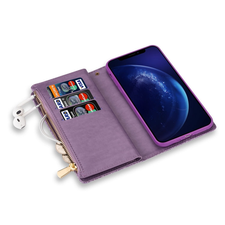 For iPhone XR Multi-card Slots Starry Sky Laser Carving Glitter Zipper Horizontal Flip Leather Case with Holder & Wallet & Lanyard(Purple) - More iPhone Cases by buy2fix | Online Shopping UK | buy2fix