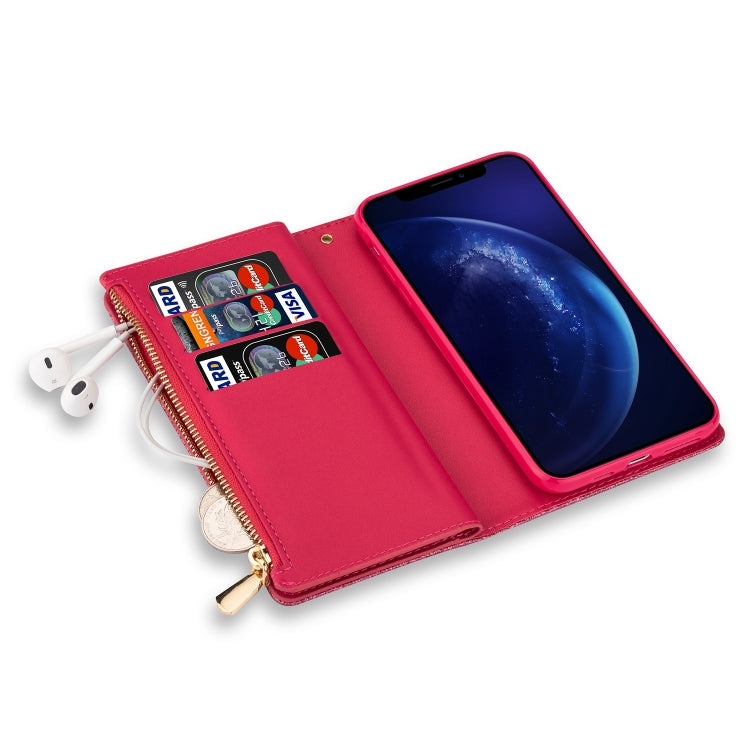 For iPhone XR Multi-card Slots Starry Sky Laser Carving Glitter Zipper Horizontal Flip Leather Case with Holder & Wallet & Lanyard(Rose Red) - More iPhone Cases by buy2fix | Online Shopping UK | buy2fix