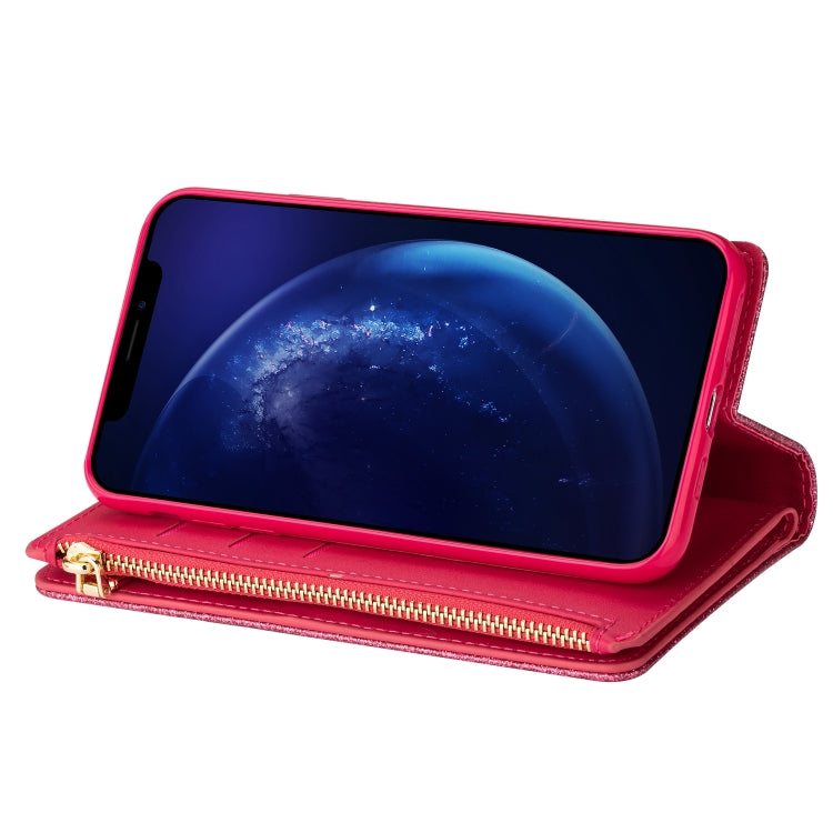 For iPhone XR Multi-card Slots Starry Sky Laser Carving Glitter Zipper Horizontal Flip Leather Case with Holder & Wallet & Lanyard(Rose Red) - More iPhone Cases by buy2fix | Online Shopping UK | buy2fix
