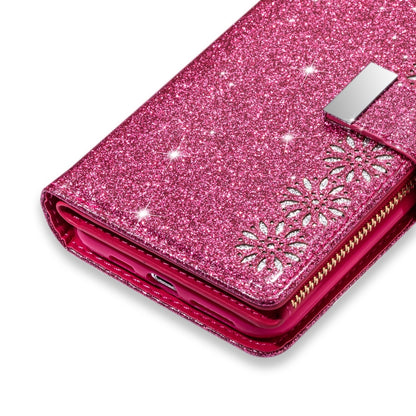 For iPhone XR Multi-card Slots Starry Sky Laser Carving Glitter Zipper Horizontal Flip Leather Case with Holder & Wallet & Lanyard(Rose Red) - More iPhone Cases by buy2fix | Online Shopping UK | buy2fix