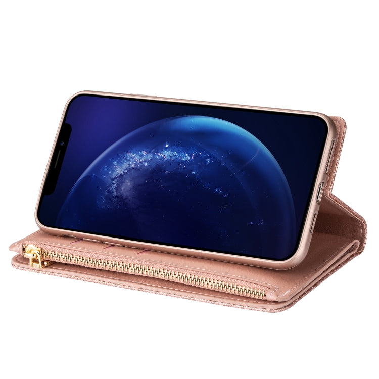 For iPhone XR Multi-card Slots Starry Sky Laser Carving Glitter Zipper Horizontal Flip Leather Case with Holder & Wallet & Lanyard(Rose Gold) - More iPhone Cases by buy2fix | Online Shopping UK | buy2fix