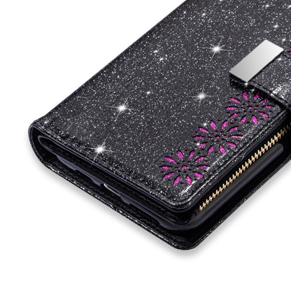 For iPhone XR Multi-card Slots Starry Sky Laser Carving Glitter Zipper Horizontal Flip Leather Case with Holder & Wallet & Lanyard(Black) - More iPhone Cases by buy2fix | Online Shopping UK | buy2fix