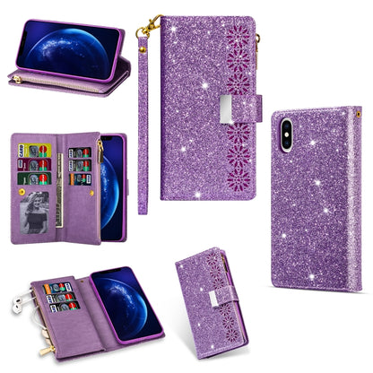 For iPhone X / XS Multi-card Slots Starry Sky Laser Carving Glitter Zipper Horizontal Flip Leather Case with Holder & Wallet & Lanyard(Purple) - More iPhone Cases by buy2fix | Online Shopping UK | buy2fix