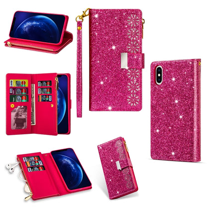 For iPhone X / XS Multi-card Slots Starry Sky Laser Carving Glitter Zipper Horizontal Flip Leather Case with Holder & Wallet & Lanyard(Rose Red) - More iPhone Cases by buy2fix | Online Shopping UK | buy2fix