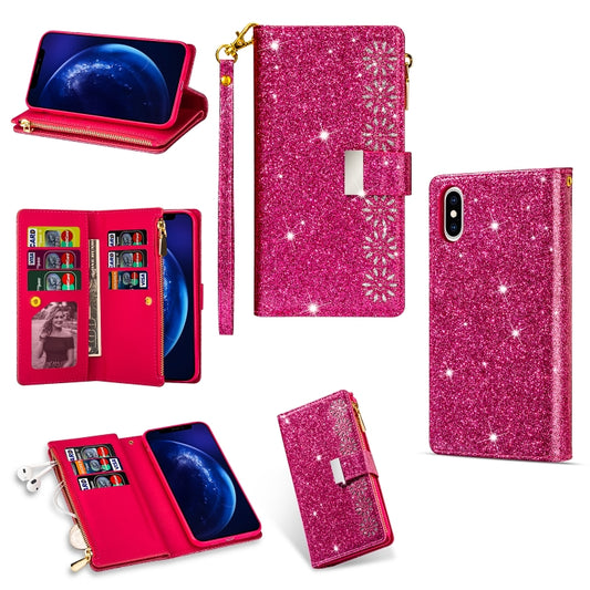 For iPhone X / XS Multi-card Slots Starry Sky Laser Carving Glitter Zipper Horizontal Flip Leather Case with Holder & Wallet & Lanyard(Rose Red) - More iPhone Cases by buy2fix | Online Shopping UK | buy2fix