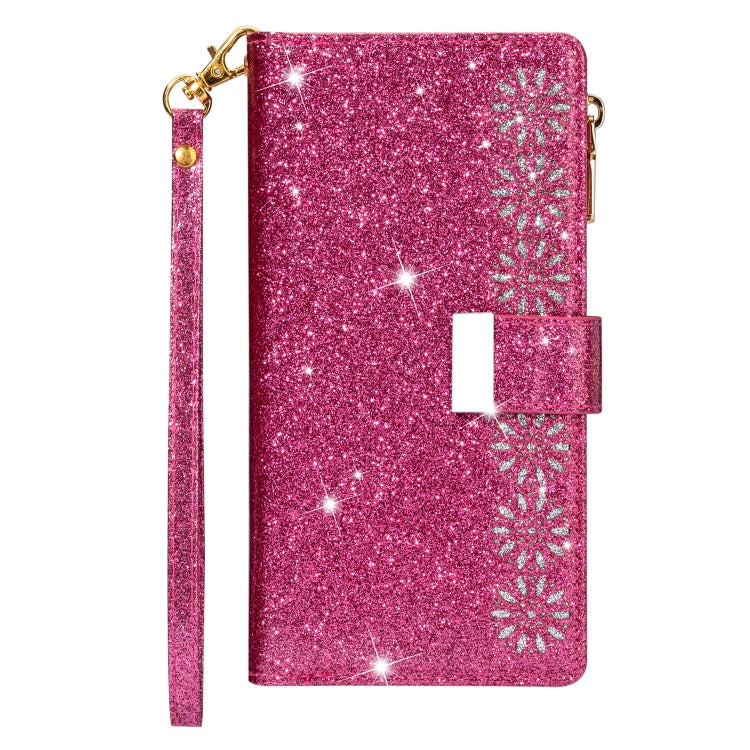 For iPhone X / XS Multi-card Slots Starry Sky Laser Carving Glitter Zipper Horizontal Flip Leather Case with Holder & Wallet & Lanyard(Rose Red) - More iPhone Cases by buy2fix | Online Shopping UK | buy2fix