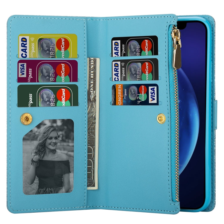 For iPhone X / XS Multi-card Slots Starry Sky Laser Carving Glitter Zipper Horizontal Flip Leather Case with Holder & Wallet & Lanyard(Sky Blue) - More iPhone Cases by buy2fix | Online Shopping UK | buy2fix