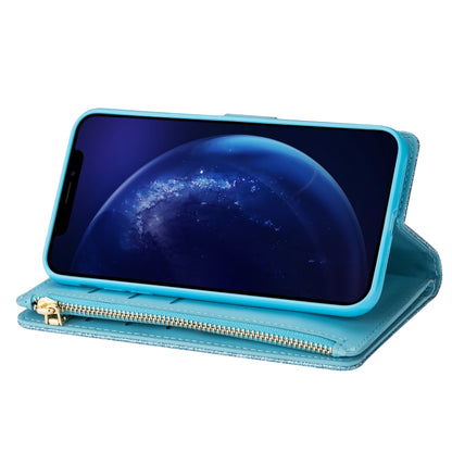 For iPhone X / XS Multi-card Slots Starry Sky Laser Carving Glitter Zipper Horizontal Flip Leather Case with Holder & Wallet & Lanyard(Sky Blue) - More iPhone Cases by buy2fix | Online Shopping UK | buy2fix