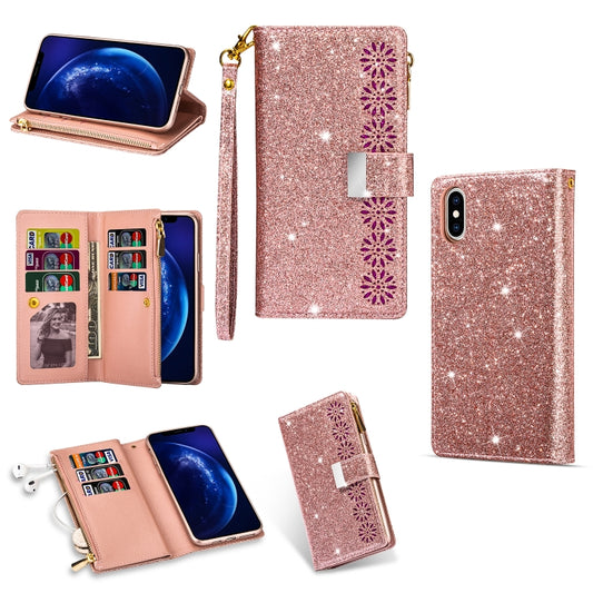 For iPhone X / XS Multi-card Slots Starry Sky Laser Carving Glitter Zipper Horizontal Flip Leather Case with Holder & Wallet & Lanyard(Rose Gold) - More iPhone Cases by buy2fix | Online Shopping UK | buy2fix