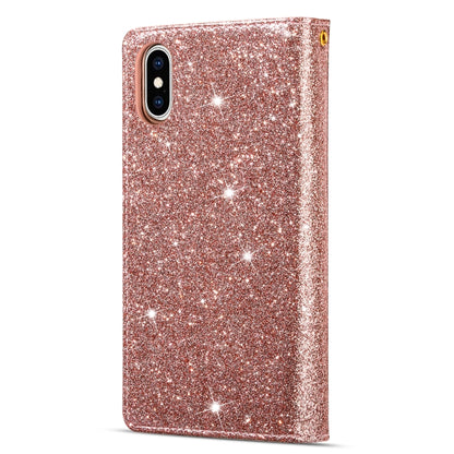 For iPhone X / XS Multi-card Slots Starry Sky Laser Carving Glitter Zipper Horizontal Flip Leather Case with Holder & Wallet & Lanyard(Rose Gold) - More iPhone Cases by buy2fix | Online Shopping UK | buy2fix