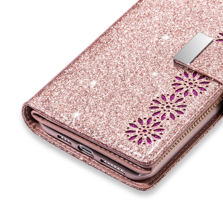 For iPhone X / XS Multi-card Slots Starry Sky Laser Carving Glitter Zipper Horizontal Flip Leather Case with Holder & Wallet & Lanyard(Rose Gold) - More iPhone Cases by buy2fix | Online Shopping UK | buy2fix