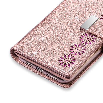 For iPhone X / XS Multi-card Slots Starry Sky Laser Carving Glitter Zipper Horizontal Flip Leather Case with Holder & Wallet & Lanyard(Rose Gold) - More iPhone Cases by buy2fix | Online Shopping UK | buy2fix