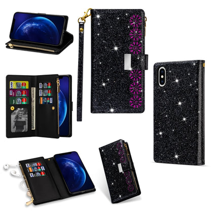 For iPhone X / XS Multi-card Slots Starry Sky Laser Carving Glitter Zipper Horizontal Flip Leather Case with Holder & Wallet & Lanyard(Black) - More iPhone Cases by buy2fix | Online Shopping UK | buy2fix