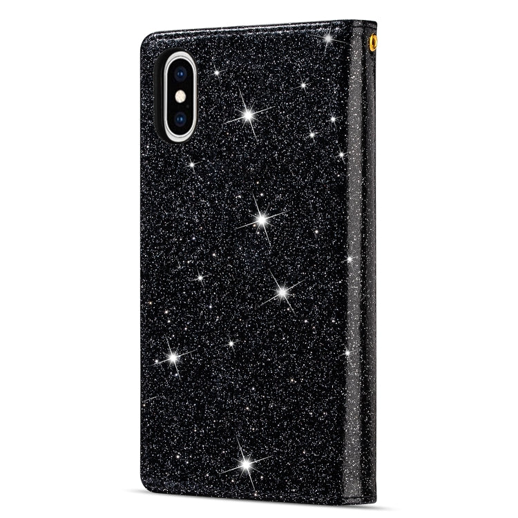 For iPhone X / XS Multi-card Slots Starry Sky Laser Carving Glitter Zipper Horizontal Flip Leather Case with Holder & Wallet & Lanyard(Black) - More iPhone Cases by buy2fix | Online Shopping UK | buy2fix