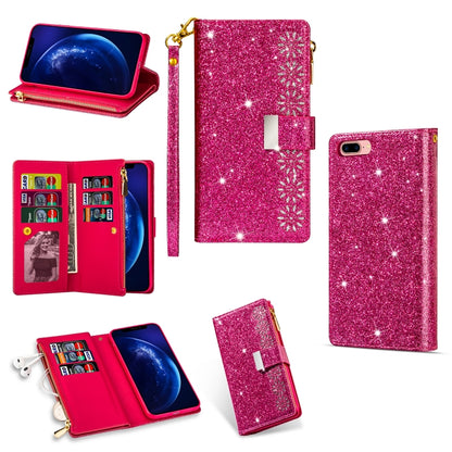 For iPhone 8 Plus / 7 Plus Multi-card Slots Starry Sky Laser Carving Glitter Zipper Horizontal Flip Leather Case with Holder & Wallet & Lanyard(Rose Red) - More iPhone Cases by buy2fix | Online Shopping UK | buy2fix