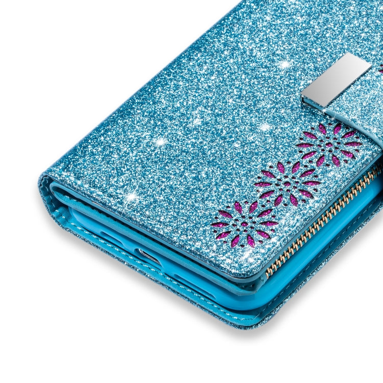 For iPhone 8 Plus / 7 Plus Multi-card Slots Starry Sky Laser Carving Glitter Zipper Horizontal Flip Leather Case with Holder & Wallet & Lanyard(Sky Blue) - More iPhone Cases by buy2fix | Online Shopping UK | buy2fix
