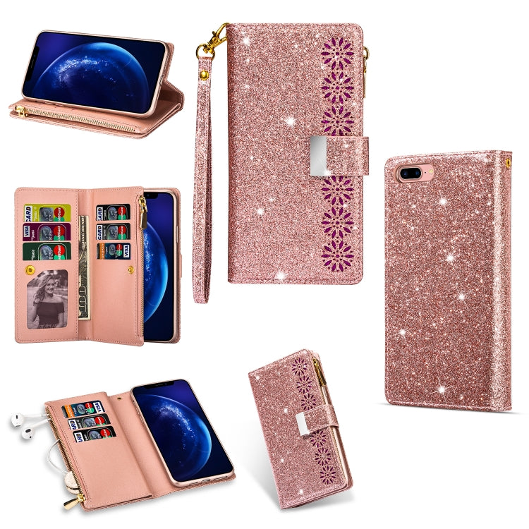 For iPhone 8 Plus / 7 Plus Multi-card Slots Starry Sky Laser Carving Glitter Zipper Horizontal Flip Leather Case with Holder & Wallet & Lanyard(Rose Gold) - More iPhone Cases by buy2fix | Online Shopping UK | buy2fix