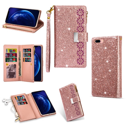 For iPhone 8 Plus / 7 Plus Multi-card Slots Starry Sky Laser Carving Glitter Zipper Horizontal Flip Leather Case with Holder & Wallet & Lanyard(Rose Gold) - More iPhone Cases by buy2fix | Online Shopping UK | buy2fix
