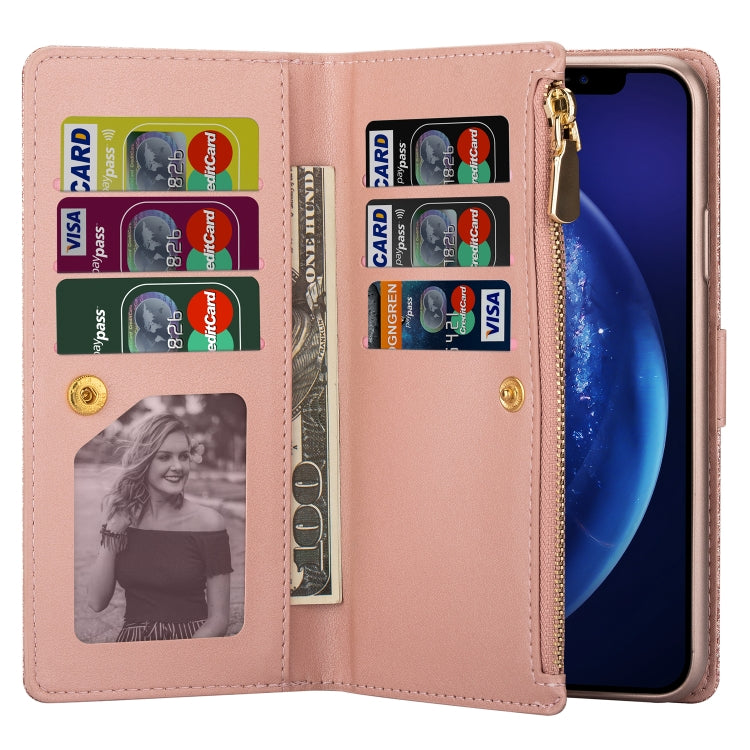 For iPhone 8 Plus / 7 Plus Multi-card Slots Starry Sky Laser Carving Glitter Zipper Horizontal Flip Leather Case with Holder & Wallet & Lanyard(Rose Gold) - More iPhone Cases by buy2fix | Online Shopping UK | buy2fix
