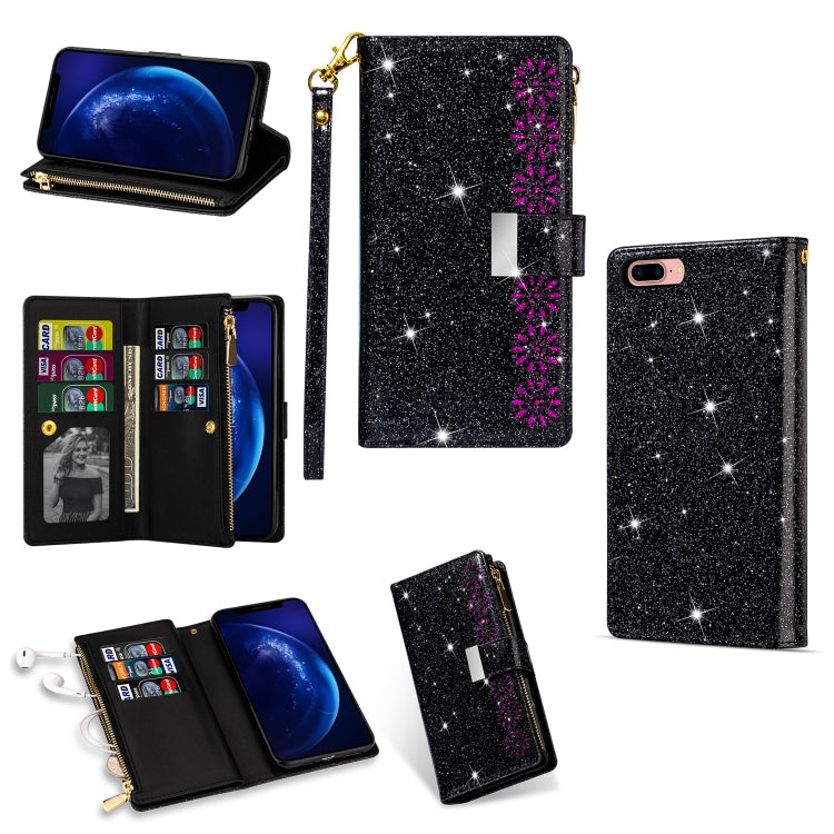 For iPhone 8 Plus / 7 Plus Multi-card Slots Starry Sky Laser Carving Glitter Zipper Horizontal Flip Leather Case with Holder & Wallet & Lanyard(Black) - More iPhone Cases by buy2fix | Online Shopping UK | buy2fix