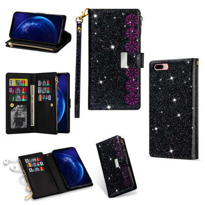 For iPhone 8 Plus / 7 Plus Multi-card Slots Starry Sky Laser Carving Glitter Zipper Horizontal Flip Leather Case with Holder & Wallet & Lanyard(Black) - More iPhone Cases by buy2fix | Online Shopping UK | buy2fix