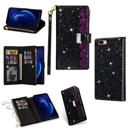 For iPhone 8 Plus / 7 Plus Multi-card Slots Starry Sky Laser Carving Glitter Zipper Horizontal Flip Leather Case with Holder & Wallet & Lanyard(Black) - More iPhone Cases by buy2fix | Online Shopping UK | buy2fix