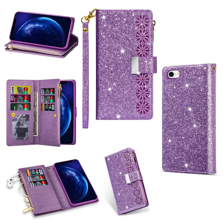 For iPhone SE 2022 / SE 2020 / 8 / 7 Multi-card Slots Starry Sky Laser Carving Glitter Zipper Horizontal Flip Leather Case with Holder & Wallet & Lanyard(Purple) - iPhone SE 2022 / 2020 / 8 / 7 Cases by buy2fix | Online Shopping UK | buy2fix