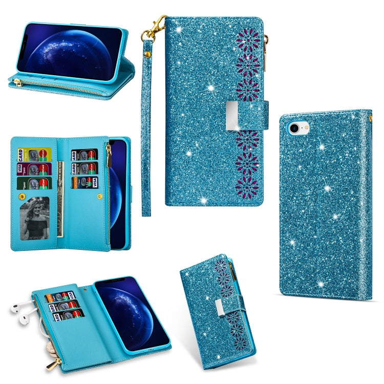 For iPhone SE 2022 / SE 2020 / 8 / 7 Multi-card Slots Starry Sky Laser Carving Glitter Zipper Horizontal Flip Leather Case with Holder & Wallet & Lanyard(Sky Blue) - iPhone SE 2022 / 2020 / 8 / 7 Cases by buy2fix | Online Shopping UK | buy2fix