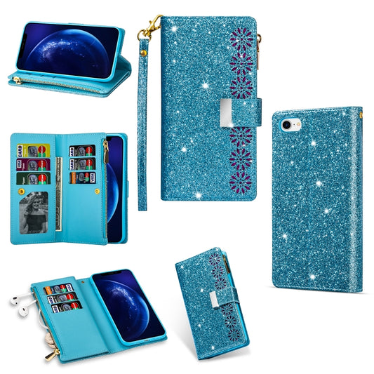 For iPhone SE 2022 / SE 2020 / 8 / 7 Multi-card Slots Starry Sky Laser Carving Glitter Zipper Horizontal Flip Leather Case with Holder & Wallet & Lanyard(Sky Blue) - iPhone SE 2022 / 2020 / 8 / 7 Cases by buy2fix | Online Shopping UK | buy2fix