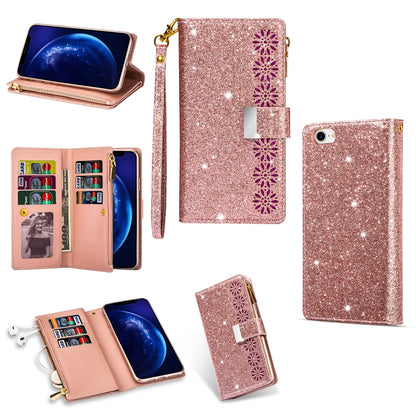For iPhone SE 2022 / SE 2020 / 8 / 7 Multi-card Slots Starry Sky Laser Carving Glitter Zipper Horizontal Flip Leather Case with Holder & Wallet & Lanyard(Rose Gold) - iPhone SE 2022 / 2020 / 8 / 7 Cases by buy2fix | Online Shopping UK | buy2fix
