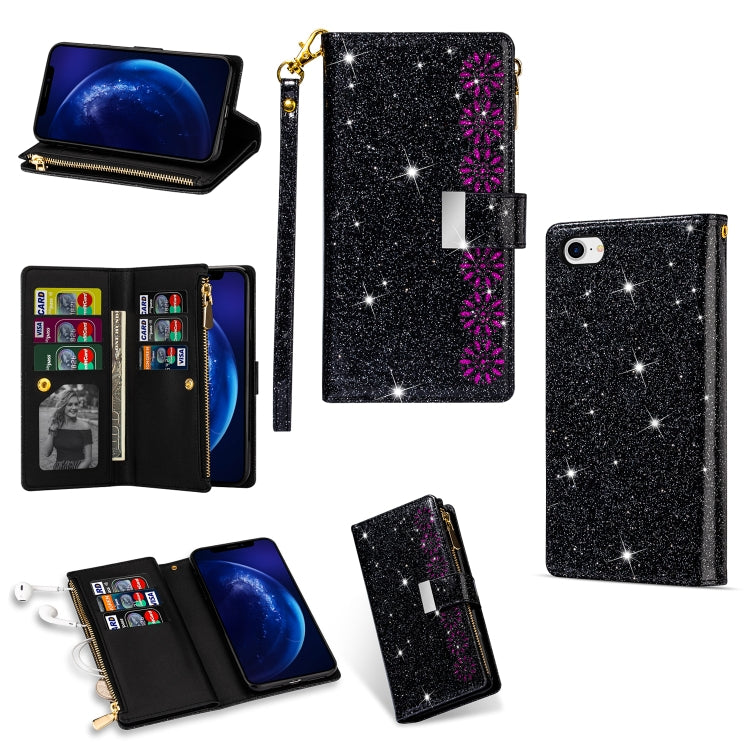 For iPhone SE 2022 / SE 2020 / 8 / 7 Multi-card Slots Starry Sky Laser Carving Glitter Zipper Horizontal Flip Leather Case with Holder & Wallet & Lanyard(Black) - iPhone SE 2022 / 2020 / 8 / 7 Cases by buy2fix | Online Shopping UK | buy2fix
