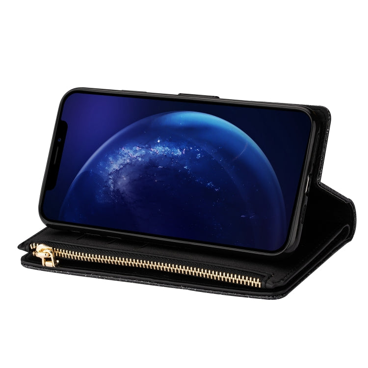 For iPhone SE 2022 / SE 2020 / 8 / 7 Multi-card Slots Starry Sky Laser Carving Glitter Zipper Horizontal Flip Leather Case with Holder & Wallet & Lanyard(Black) - iPhone SE 2022 / 2020 / 8 / 7 Cases by buy2fix | Online Shopping UK | buy2fix