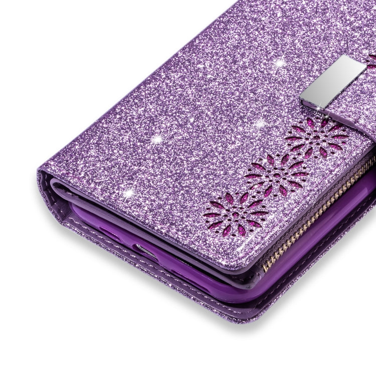 For iPhone 6 Plus / 6s Plus Multi-card Slots Starry Sky Laser Carving Glitter Zipper Horizontal Flip Leather Case with Holder & Wallet & Lanyard(Purple) - More iPhone Cases by buy2fix | Online Shopping UK | buy2fix