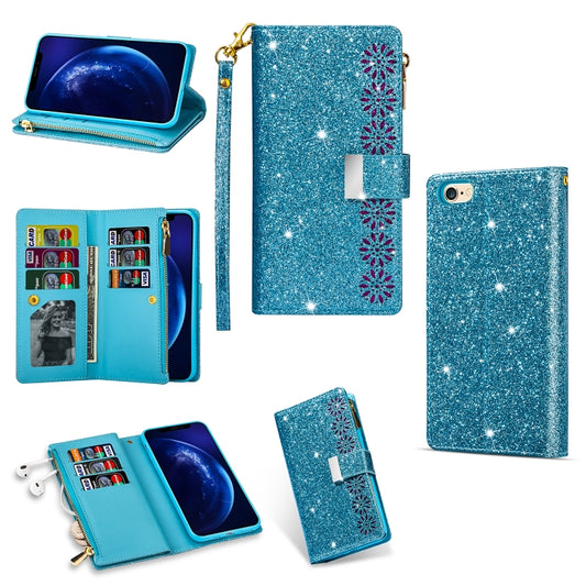 For iPhone 6 Plus / 6s Plus Multi-card Slots Starry Sky Laser Carving Glitter Zipper Horizontal Flip Leather Case with Holder & Wallet & Lanyard(Sky Blue) - More iPhone Cases by buy2fix | Online Shopping UK | buy2fix