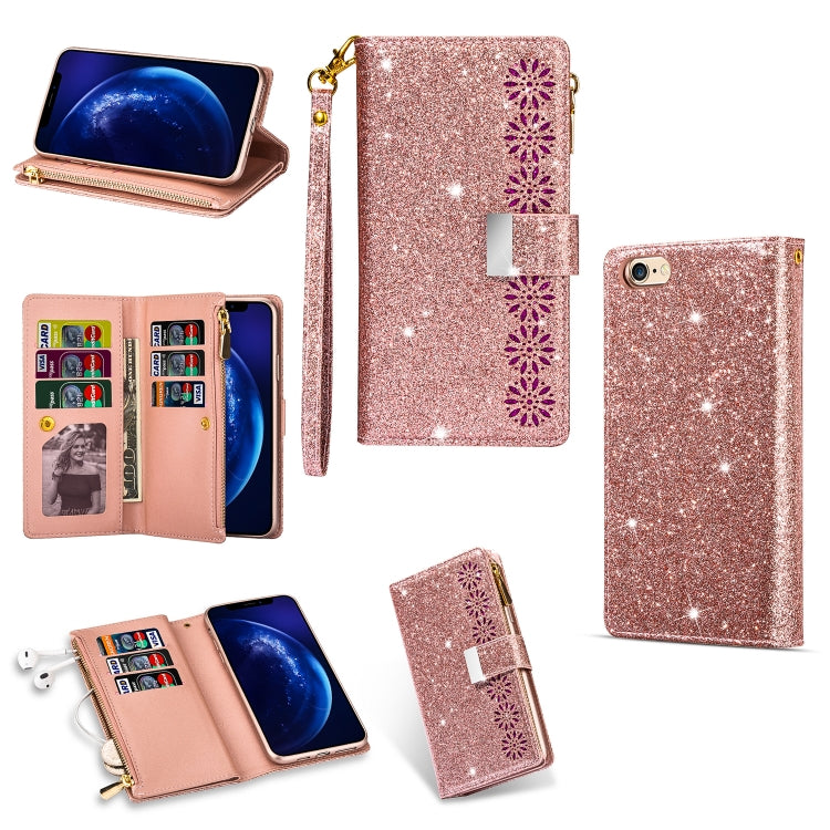 For iPhone 6 Plus / 6s Plus Multi-card Slots Starry Sky Laser Carving Glitter Zipper Horizontal Flip Leather Case with Holder & Wallet & Lanyard(Rose Gold) - More iPhone Cases by buy2fix | Online Shopping UK | buy2fix