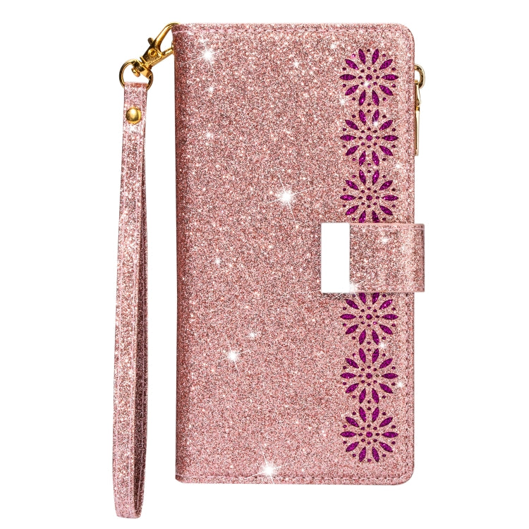 For iPhone 6 Plus / 6s Plus Multi-card Slots Starry Sky Laser Carving Glitter Zipper Horizontal Flip Leather Case with Holder & Wallet & Lanyard(Rose Gold) - More iPhone Cases by buy2fix | Online Shopping UK | buy2fix