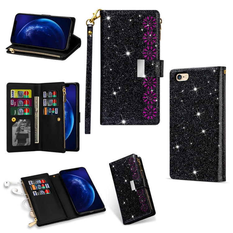 For iPhone 6 Plus / 6s Plus Multi-card Slots Starry Sky Laser Carving Glitter Zipper Horizontal Flip Leather Case with Holder & Wallet & Lanyard(Black) - More iPhone Cases by buy2fix | Online Shopping UK | buy2fix