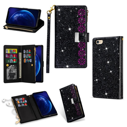 For iPhone 6 Plus / 6s Plus Multi-card Slots Starry Sky Laser Carving Glitter Zipper Horizontal Flip Leather Case with Holder & Wallet & Lanyard(Black) - More iPhone Cases by buy2fix | Online Shopping UK | buy2fix
