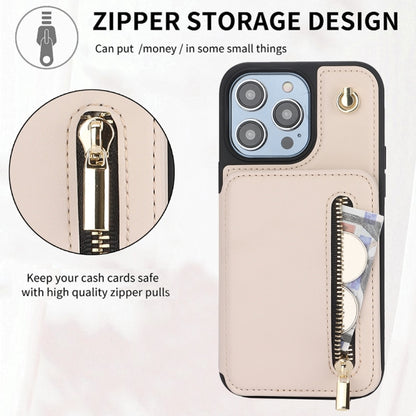 For iPhone 15 Pro Max YM006 Skin Feel Zipper Card Bag Phone Case with Dual Lanyard(Apricot) - iPhone 15 Pro Max Cases by buy2fix | Online Shopping UK | buy2fix
