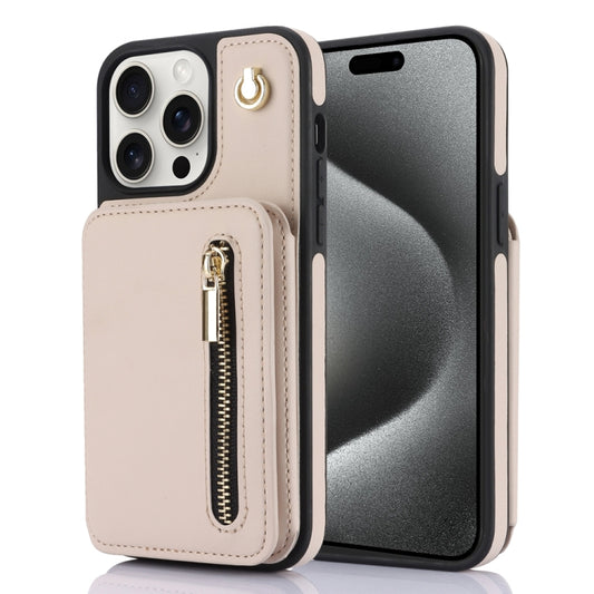 For iPhone 15 Pro YM006 Skin Feel Zipper Card Bag Phone Case with Dual Lanyard(Apricot) - iPhone 15 Pro Cases by buy2fix | Online Shopping UK | buy2fix