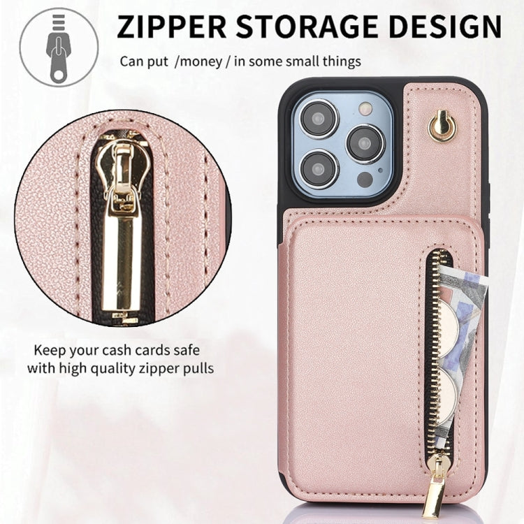 For iPhone 15 Pro YM006 Skin Feel Zipper Card Bag Phone Case with Dual Lanyard(Rose Gold) - iPhone 15 Pro Cases by buy2fix | Online Shopping UK | buy2fix