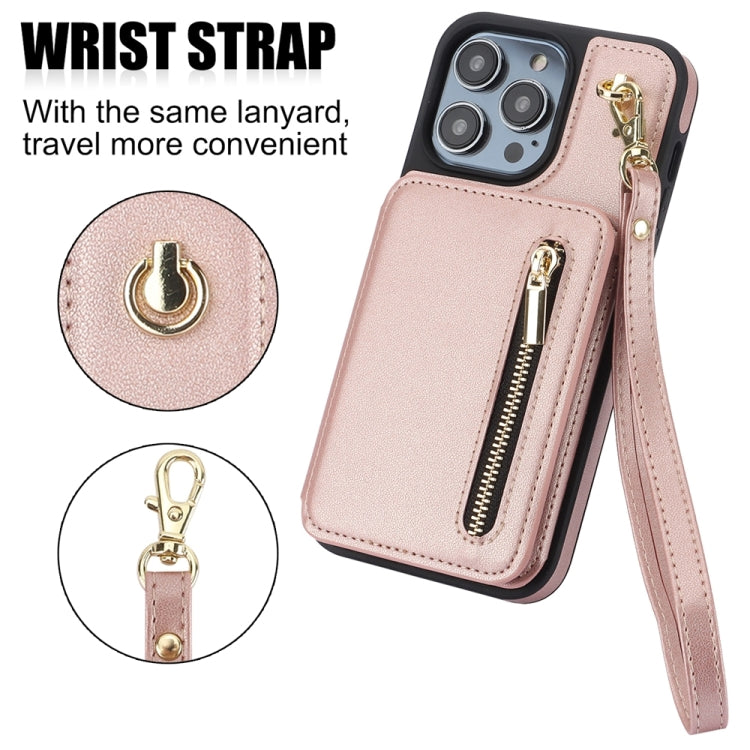 For iPhone 15 Pro YM006 Skin Feel Zipper Card Bag Phone Case with Dual Lanyard(Rose Gold) - iPhone 15 Pro Cases by buy2fix | Online Shopping UK | buy2fix