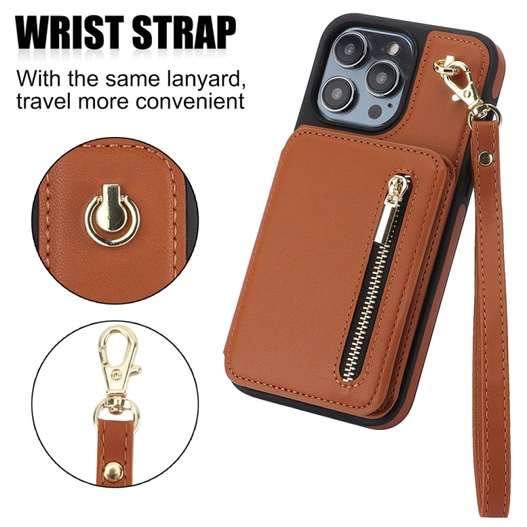 For iPhone 15 Pro YM006 Skin Feel Zipper Card Bag Phone Case with Dual Lanyard(Brown) - iPhone 15 Pro Cases by buy2fix | Online Shopping UK | buy2fix