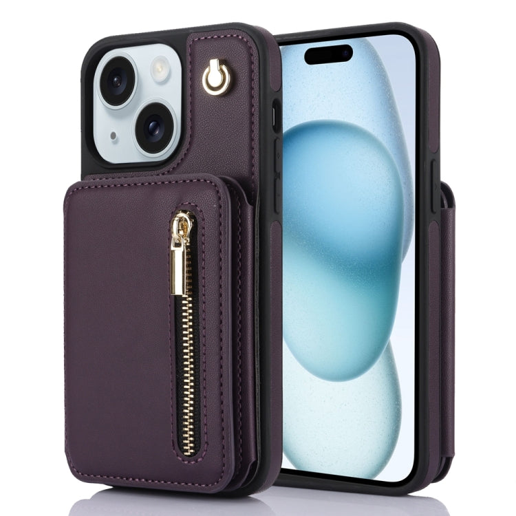 For iPhone 15 Plus YM006 Skin Feel Zipper Card Bag Phone Case with Dual Lanyard(Dark Purple) - iPhone 15 Plus Cases by buy2fix | Online Shopping UK | buy2fix