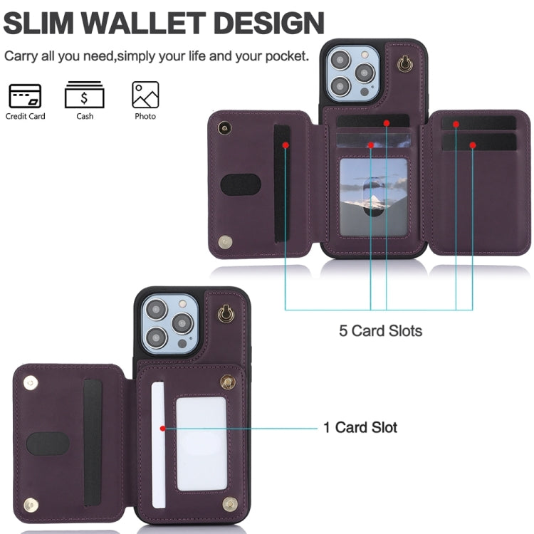 For iPhone 15 Plus YM006 Skin Feel Zipper Card Bag Phone Case with Dual Lanyard(Dark Purple) - iPhone 15 Plus Cases by buy2fix | Online Shopping UK | buy2fix