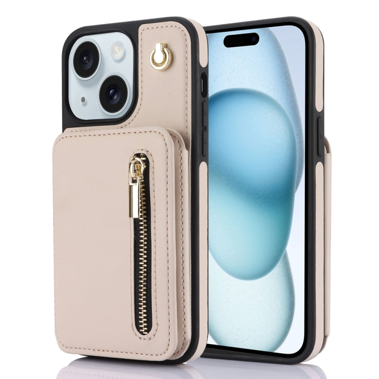 For iPhone 15 Plus YM006 Skin Feel Zipper Card Bag Phone Case with Dual Lanyard(Apricot) - iPhone 15 Plus Cases by buy2fix | Online Shopping UK | buy2fix
