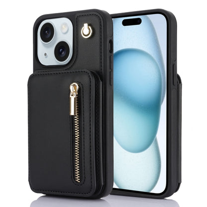 For iPhone 15 Plus YM006 Skin Feel Zipper Card Bag Phone Case with Dual Lanyard(Black) - iPhone 15 Plus Cases by buy2fix | Online Shopping UK | buy2fix