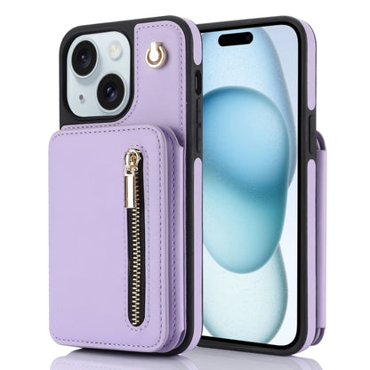 For iPhone 15 Plus YM006 Skin Feel Zipper Card Bag Phone Case with Dual Lanyard(Light Purple) - iPhone 15 Plus Cases by buy2fix | Online Shopping UK | buy2fix
