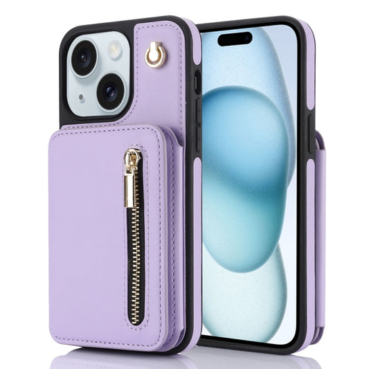 For iPhone 15 Plus YM006 Skin Feel Zipper Card Bag Phone Case with Dual Lanyard(Light Purple) - iPhone 15 Plus Cases by buy2fix | Online Shopping UK | buy2fix