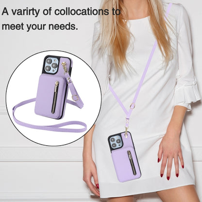 For iPhone 15 Plus YM006 Skin Feel Zipper Card Bag Phone Case with Dual Lanyard(Light Purple) - iPhone 15 Plus Cases by buy2fix | Online Shopping UK | buy2fix